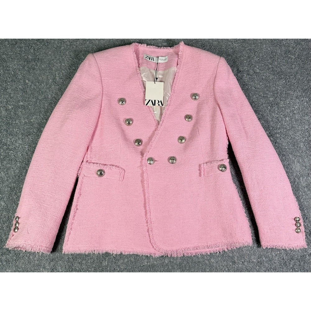 NWT ZARA Pink Textured Tweed Frayed Blazer Double Breasted Silver Buttons Small